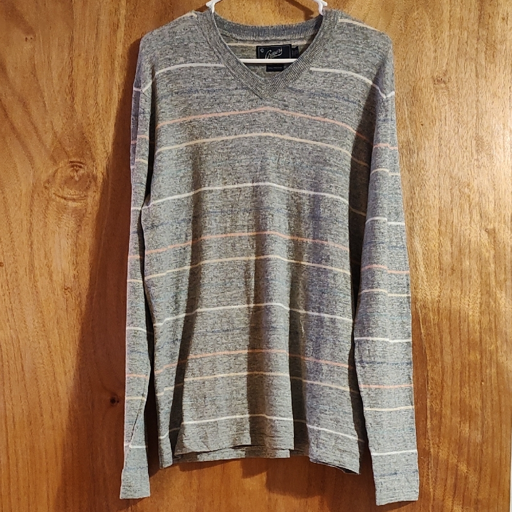 Grayers Mens V-Neck Sweater Marled Light Gray Pastel Stripes 100% Cotton Large